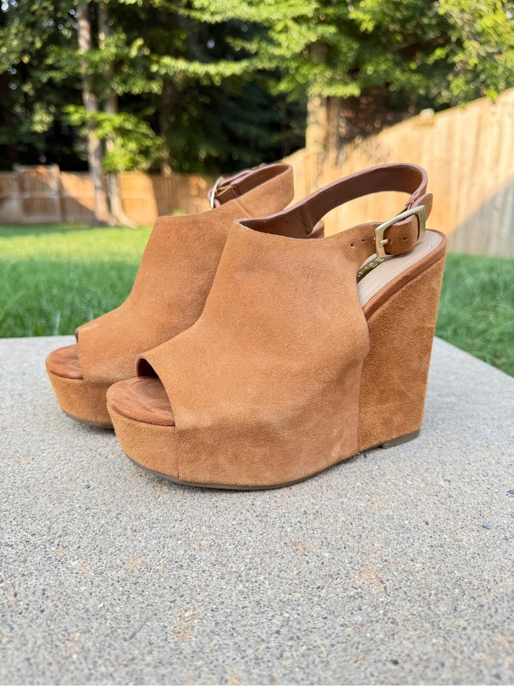 BCBGeneration Fader Tan Suede Peep Toe Platform Slingback Wedge Sandals Size 6M